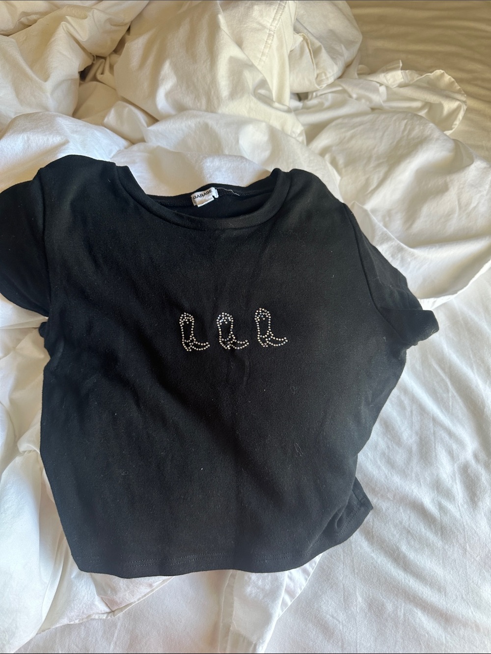 Garage Black Crop Top with Rhinestone Boot Motif